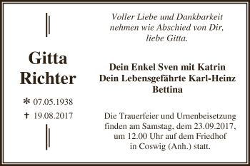 Traueranzeige von Gitta Richter von WVG - Wochenspiegel Dessau / Köthen