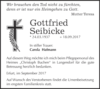 Traueranzeige von Gottfried Seibicke von WVG - Wochenspiegel NMB / WSF / ZTZ