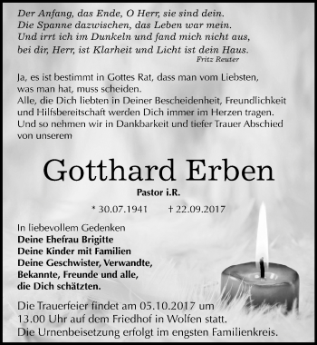 Traueranzeige von Gotthard Erben von Mitteldeutsche Zeitung Bitterfeld