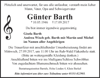 Traueranzeige von Günter Barth von Super Sonntag Merseburg