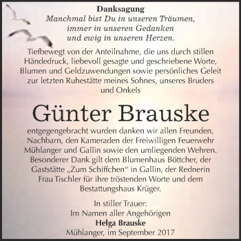 Traueranzeige von Günter Brauske von WVG - Wochenspiegel Wittenberg
