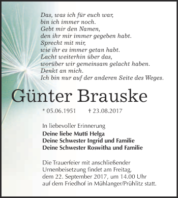 Traueranzeige von Günter Brauske von WVG - Wochenspiegel Wittenberg