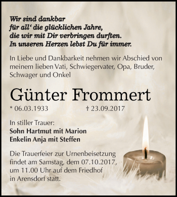 Traueranzeige von Günter Frommert von WVG - Wochenspiegel Dessau / Köthen