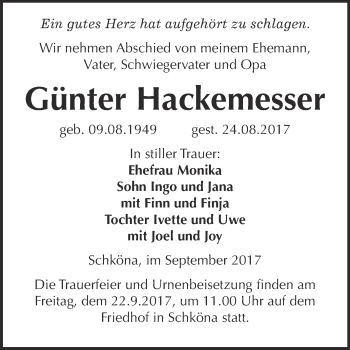 Traueranzeige von Günter Hackemesser von WVG - Wochenspiegel Wittenberg