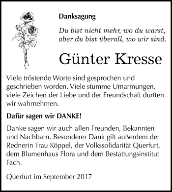 Traueranzeige von Günter Kresse von WVG - Wochenspiegel Merseburg