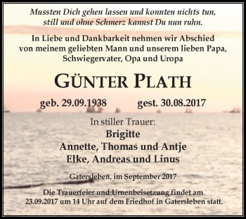 Traueranzeige von Günter Plath von Super Sonntag Aschersleben