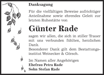 Traueranzeige von Günter Rade von Super Sonntag Bernburg