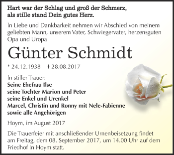 Traueranzeige von Günter Schmidt von Super Sonntag Aschersleben
