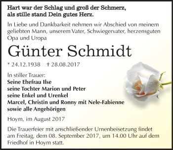 Traueranzeige von Günter Schmidt von Mitteldeutsche Zeitung Aschersleben