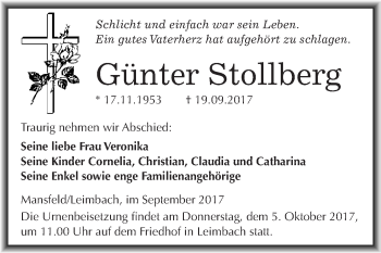 Traueranzeige von Günter Stollberg von Wochenspiegel Mansfelder Land