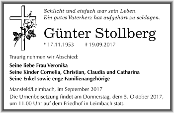 Traueranzeige von Günter Stollberg von Mitteldeutsche Zeitung Mansfelder Land