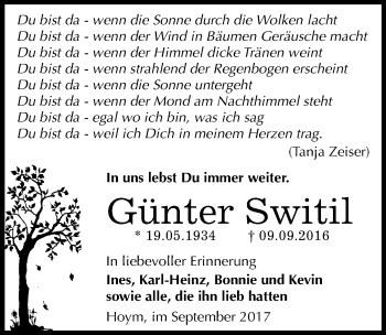 Traueranzeige von Günter Switil von Mitteldeutsche Zeitung Mansfelder Land