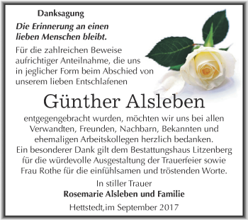 Traueranzeige von Günther Alsleben von Wochenspiegel Mansfelder Land