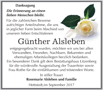 Traueranzeige von Günther Alsleben von Mitteldeutsche Zeitung Mansfelder Land