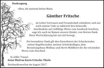 Traueranzeige von Günther Fritsche von WVG - Wochenspiegel NMB / WSF / ZTZ
