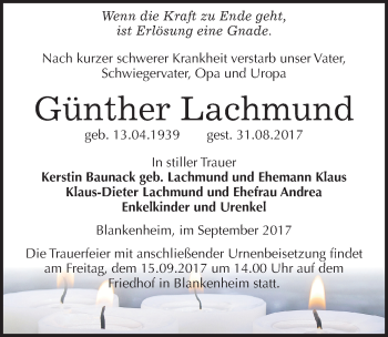 Traueranzeige von Günther Lachmund von Mitteldeutsche Zeitung Sangerhausen