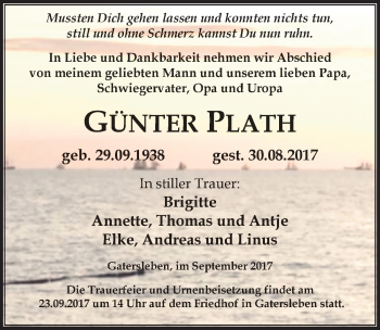 Traueranzeige von Günther Plath von Mitteldeutsche Zeitung Aschersleben