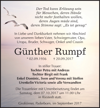 Traueranzeige von Günther Rumpf von Mitteldeutsche Zeitung Sangerhausen