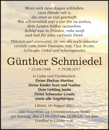 Traueranzeige von Günther Schmiedel von Mitteldeutsche Zeitung Weißenfels