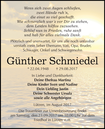 Traueranzeige von Günther Schmiedel von Super Sonntag Merseburg