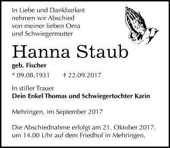 Traueranzeige von Hanna Staub von Mitteldeutsche Zeitung Aschersleben