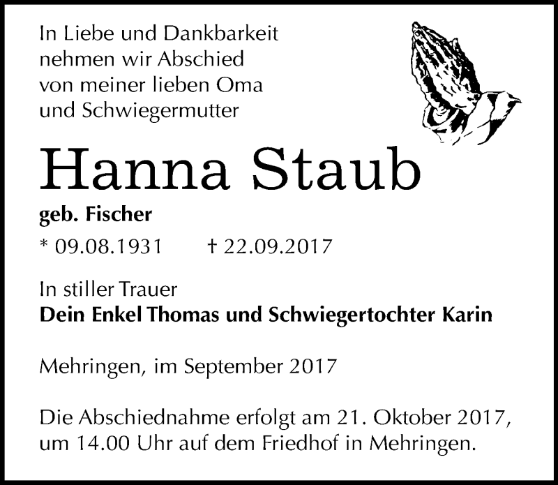  Traueranzeige für Hanna Staub vom 30.09.2017 aus Mitteldeutsche Zeitung Aschersleben