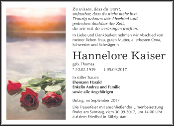 Traueranzeige von Hannelore Kaiser von WVG - Wochenspiegel Wittenberg