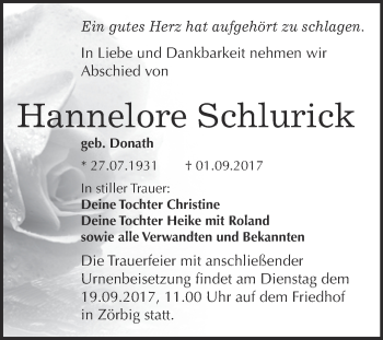 Traueranzeige von Hannelore Schlurick von WVG - Wochenspiegel Bitterfeld