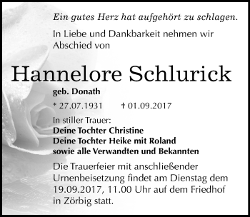 Traueranzeige von Hannelore Schlurick von Mitteldeutsche Zeitung Bitterfeld