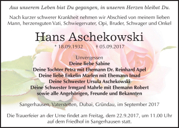 Traueranzeige von Hans Aschekowski von Mitteldeutsche Zeitung Sangerhausen