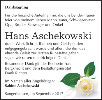 Traueranzeige von Hans Aschekowski von Mitteldeutsche Zeitung Sangerhausen