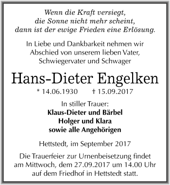 Traueranzeige von Hans-Dieter Engelken von Mitteldeutsche Zeitung Mansfelder Land