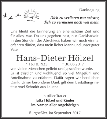 Traueranzeige von Hans-Dieter Hölzel von WVG - Wochenspiegel NMB / WSF / ZTZ