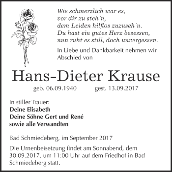 Traueranzeige von Hans-Dieter Krause von WVG - Wochenspiegel Wittenberg