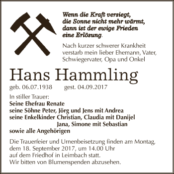 Traueranzeige von Hans Hammling von Super Sonntag SGH Mansf. Land