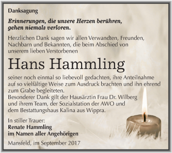 Traueranzeige von Hans Hammling von Super Sonntag SGH Mansf. Land