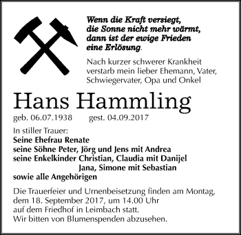 Traueranzeige von Hans Hammling von Mitteldeutsche Zeitung Mansfelder Land