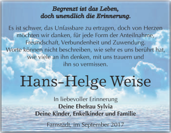 Traueranzeige von Hans-Helge Weise von WVG - Wochenspiegel Merseburg