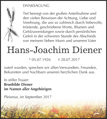 Traueranzeige von Hans-Joachim Diener von WVG - Wochenspiegel NMB / WSF / ZTZ