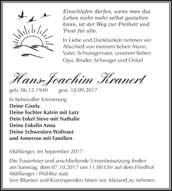 Traueranzeige von Hans-Joachim Kranert von WVG - Wochenspiegel Wittenberg