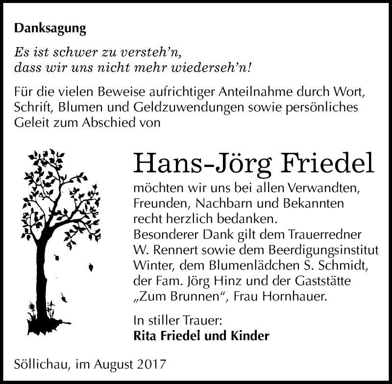  Traueranzeige für Hans-Jörg Friedel vom 01.09.2017 aus Mitteldeutsche Zeitung Wittenberg