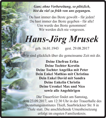Traueranzeige von Hans-Jörg Mrusek von Super Sonntag Quedlinburg