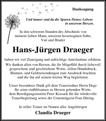 Traueranzeige von Hans-Jürgen Draeger von Mitteldeutsche Zeitung Dessau-Roßlau