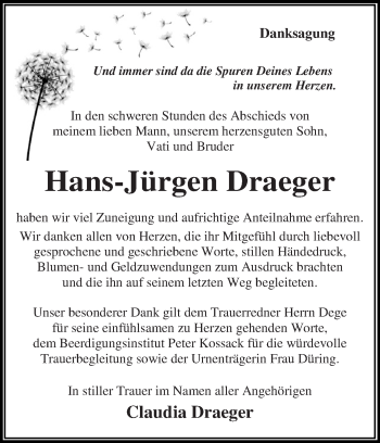 Traueranzeige von Hans-Jürgen Draeger von WVG - Wochenspiegel Dessau / Köthen