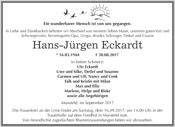 Traueranzeige von Hans-Jürgen Eckardt von Wochenspiegel Mansfelder Land