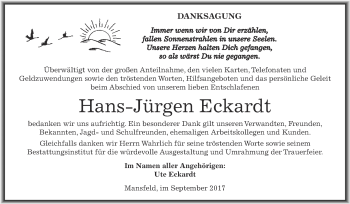 Traueranzeige von Hans-Jürgen Eckardt von Wochenspiegel Mansfelder Land