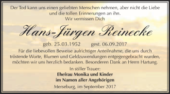 Traueranzeige von Hans-Jürgen Reinecke von Super Sonntag Merseburg