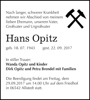 Traueranzeige von Hans Opitz von WVG - Wochenspiegel SGH