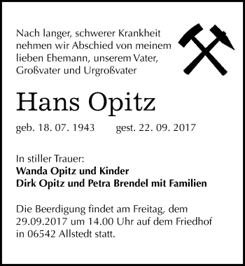 Traueranzeige von Hans Opitz von Mitteldeutsche Zeitung Sangerhausen
