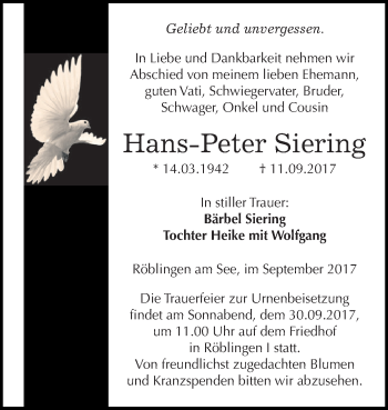 Traueranzeige von Hans-Peter Siering von Wochenspiegel Mansfelder Land